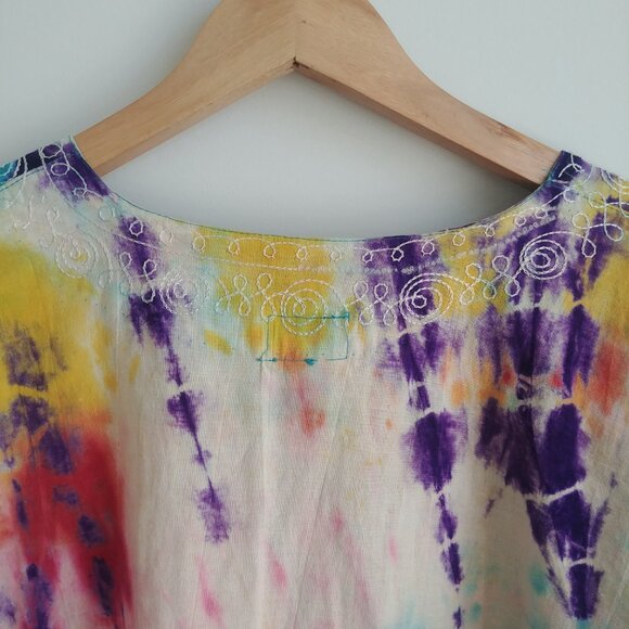 Handmade sturdy 100% cotton approx XL tie dye look embroidered blouse pockets - Picture 6 of 16